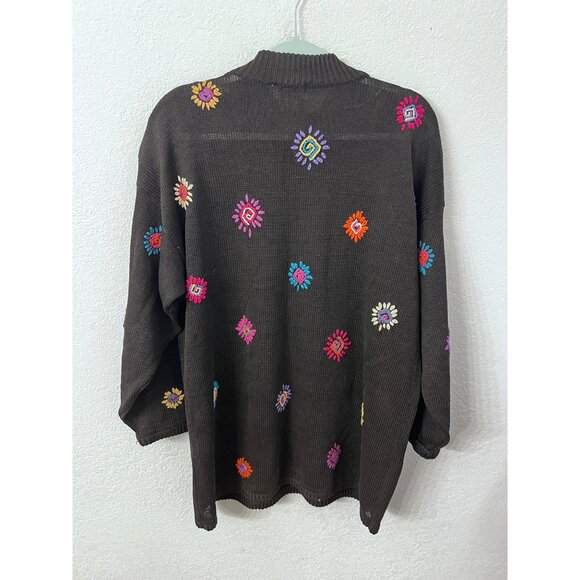 Cape Isle Knitters Embroidered Patchwork Sweater L Black & Multicolor - Picture 2 of 5
